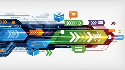 Abstract Digital E-commerce Flow with Shopping Cart Icons and Arrows