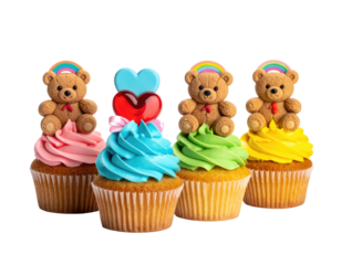 Four cupcakes, colorful frosting, teddy bears, hearts