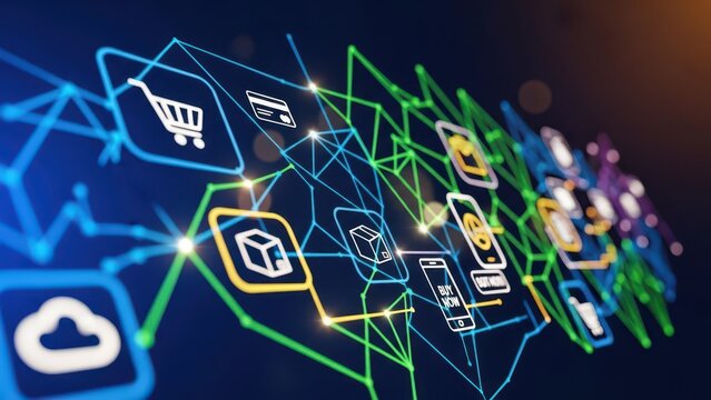 Digital Commerce Network: E-commerce Icons Connected by Glowing Lines on Dark Blue Background - Powered by Adobe