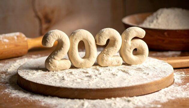 Dough numbers "2026" on a floured surface with baking tools