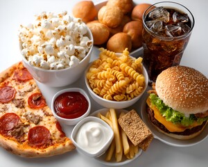 An enticing arrangement of greasy fast food including pizza burgers french fries and soda displaying unhealthy dietary choices prominently displayed.