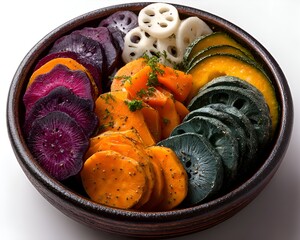 Colorful sliced raw vegetables including lotus root, carrots, squash, and purple sweet potatoes are arranged in a dark brown wooden bowl.