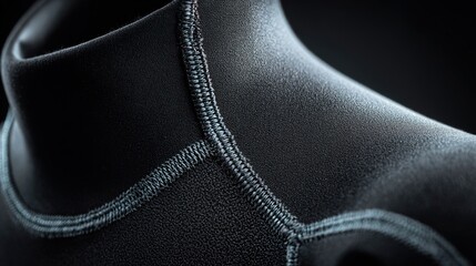 neoprene. Close-up detail of a black wetsuit showing smooth rubber texture and stitching. STEM education sheets, lab safety posters, designed for biotech research communications.