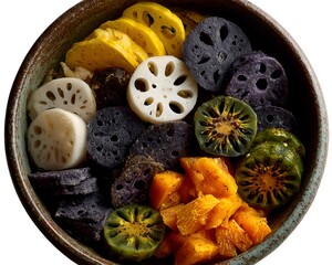 An overhead shot displays a ceramic bowl filled with colorful, sliced root vegetables, showing the diverse textures and vibrant colors.