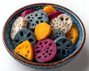 A colorful array of sliced lotus root and sweet potato creates a vibrant and artistic food presentation inside of a patterned bowl.