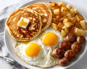 Fluffy pancakes with butter, sunny side up eggs, sausage, and golden home fries make up a hearty and delicious homemade breakfast plate.