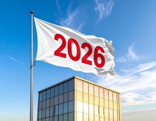 White flag with red "2026" flies above modern building, blue sky