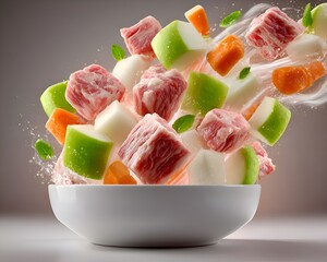 Diced pork, green , carrot, and daikon pieces fly above a white bowl with splashing liquid against a muted studio background with rim lighting.