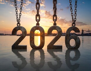 Rusty metal year 2026 hangs above water against a sunset sky