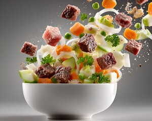 Fresh beef cubes and colorful vegetables are playfully tossed in the air above a bright white bowl ready to be served for a nutritious meal.