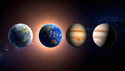 Two Earths and two Jovian planets in space, glowing against a nebula