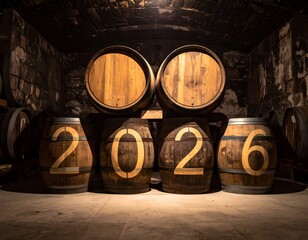 Wine cellar with wooden barrels, four of them marking the year 2026