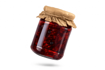 Red berry jam jar with a brown paper lid, transparent background view