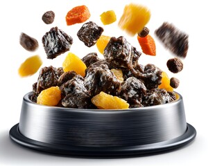 Nutritious pet food mixture with meat pieces, carrots, and mango falling into a silver pet bowl on a clean white background looks appetizing.