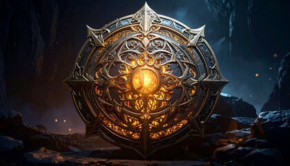 Ornate golden shield glows in a dark cave setting with intricate designs