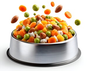 Nutritious colorful mix of dog food ingredients like vegetables, dried fruits, and nuts filling a pet bowl in studio against white background.