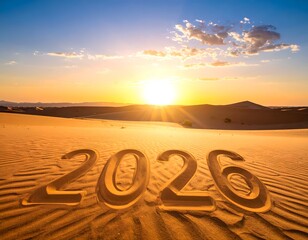 Sunrise over desert dunes; 2026 etched into sand