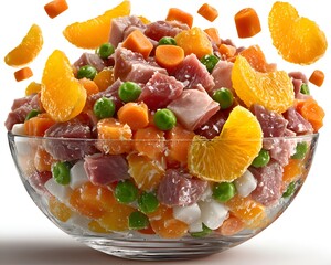 A vibrant glass bowl overflows with a colorful mix of diced ham, carrots, peas, and juicy orange segments on a bright white background.