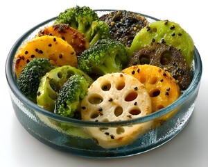 Beautiful presentation of cooked lotus root slices with broccoli florets in a clear glass bowl with black sesame seeds on a white backdrop.