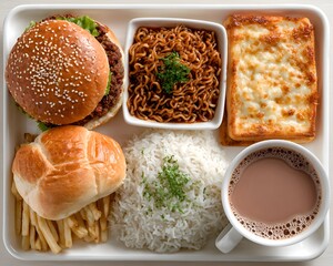 A cafeteria tray loaded with a burger, noodles, cheesy bread, rice, fries, a bun, and a cup of chocolate drink, creating a balanced meal.