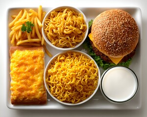 A square white platter showcases a burger, milk, cheese toast, fries, and two bowls of noodles for an appetizing fast food meal.