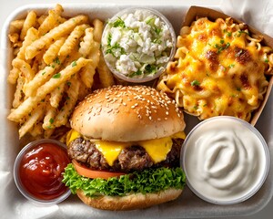 An appetizing close up of a cheeseburger with fries, mac and cheese, coleslaw and dipping sauces in a takeout container, perfect meal.