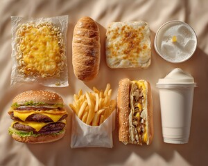 An overhead shot presents an assortment of tasty fast food options including burgers, fries, sandwiches, noodles and drinks on beige fabric.