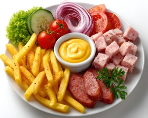 A colorful plate of food featu french fries, sausage slices, diced ham, fresh vegetables, and a creamy mustard dipping sauce presented nicely.