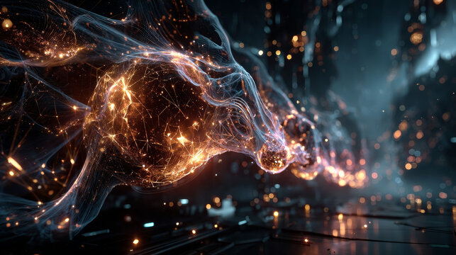 3D rendering of abstract falling bright particles. Glamorous rain for background. Abstract background with bright lights, sparks and fireworks made of particles