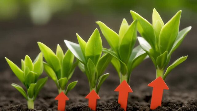 A visual representation of growth and progress with five green plants of increasing size, each marked by an upward red arrow.