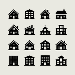 Collection of various house and building icons in black silhouette.