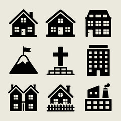 Collection of Simple Black Silhouette Icons Representing Various Buildings and Landmarks.