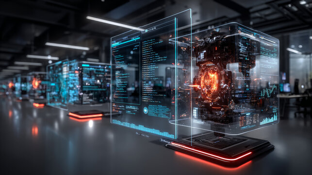 3D rendering abstract blocks of code that are in the virtual space. Camera inside the computer code