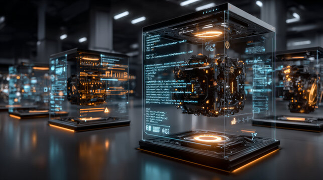 3D rendering abstract blocks of code that are in the virtual space. Camera inside the computer code
