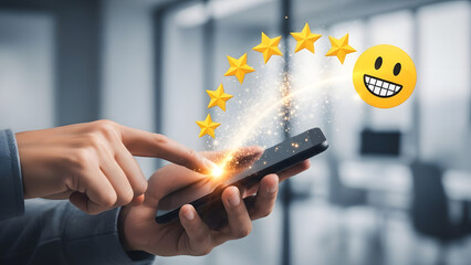 A person giving a five-star review on their smartphone with a happy emojis
