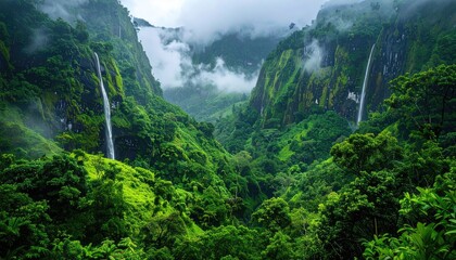 Lush Green Tropical Rainforest with Multiple Waterfalls Flowing Down Misty Mountains Under a Cloudy Sky
