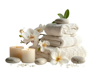 Spa still life towels, candles, orchids, smooth stones
