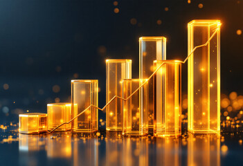 A glowing golden bar chart with an upward trend line, symbolizing financial growth and success.