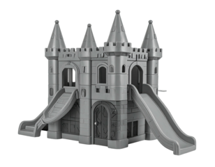 Gray plastic castle with slides, towers, and door