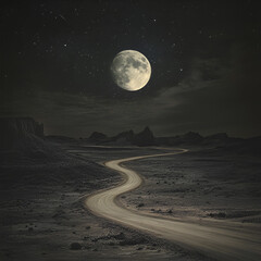 Moonlit Desert Road / Night Landscape, Moonlit Road, Night Desert, Silent Path, Lunar Landscape, Dark Horizon, Night Journey, Lonely Road, Moon View, Dream Path