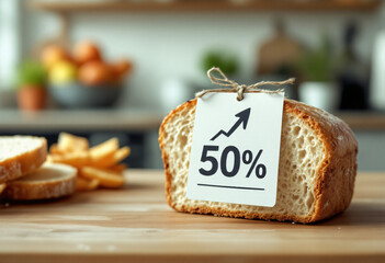A loaf of bread on a wooden table with a price tag showing a 50% increase, symbolizing rising food costs and inflation in a kitchen setting.