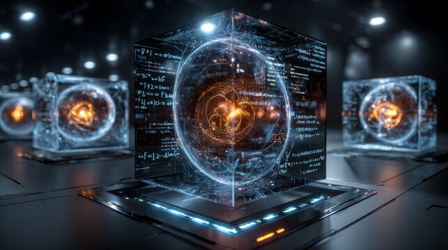 3D rendering abstract blocks of mathematical formulas that are in the virtual space. Camera inside the mathematical formulas