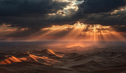 Aerial view of a desert landscape at sunset with dramatic cloud formations and sunlight
