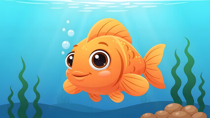 A cute orange cartoon goldfish swimming happily underwater with bubbles and seaweed in the background