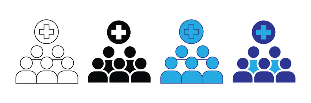 Vector illustration icon a set of four different colored medical team icons in various shades of blue and black on a set icon isolated on