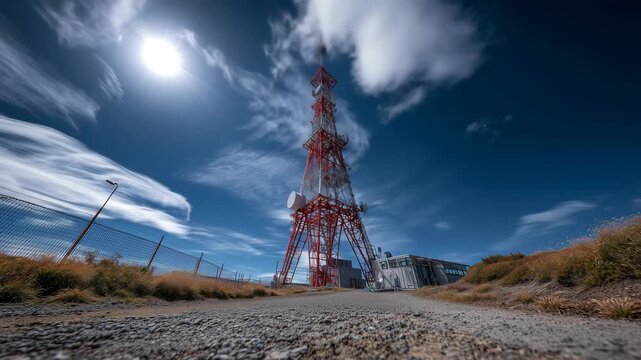 見上げる通信タワーと広がる青空、都市のランドマーク