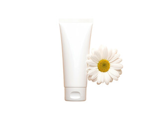 White cream tube & daisy flower, clean beauty still life