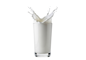 A clear glass with transparent milk mid-splash, dynamic droplets erupting upwards against a transparent background, captured in high-speed motion, perfect for copy. Concept for dairy product