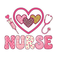 Cute Nurse Love Illustration with Hearts, Syringe and Stethoscope