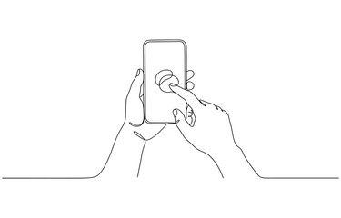 One continuous line drawing of hands holding and touch the screen of smartphone.  Editable outline illustration. one line Icon drawing